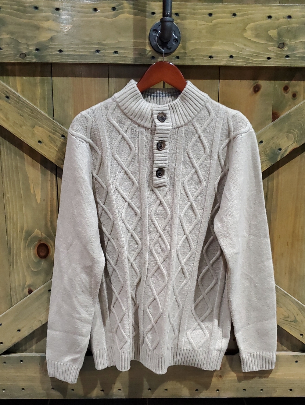 dip Men's Cable Knit Henley Sweater - Cream Casual Wool Blend Classic